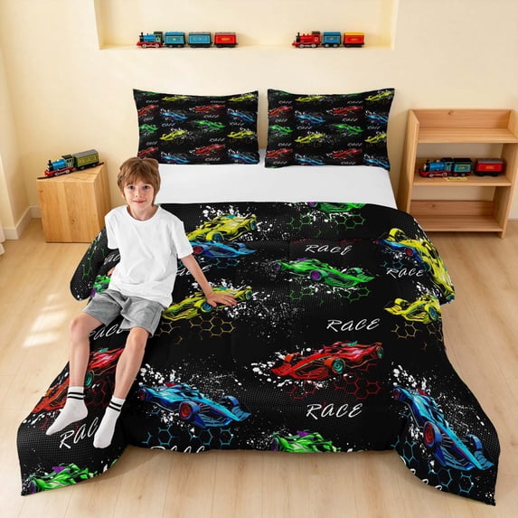 Erosebridal Race Car King Size Comforter Sets, Colorful Comforters King Size, Splatter Color, Black Reversible 3pcs 1 Comforter and 2 Pillowcases