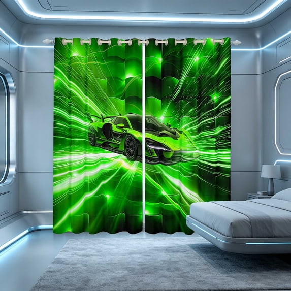 Erosebridal Race Car Kitchen Curtains, Speed Light Black Out Curtains Pack of 2 (42x63 Each), Green Black