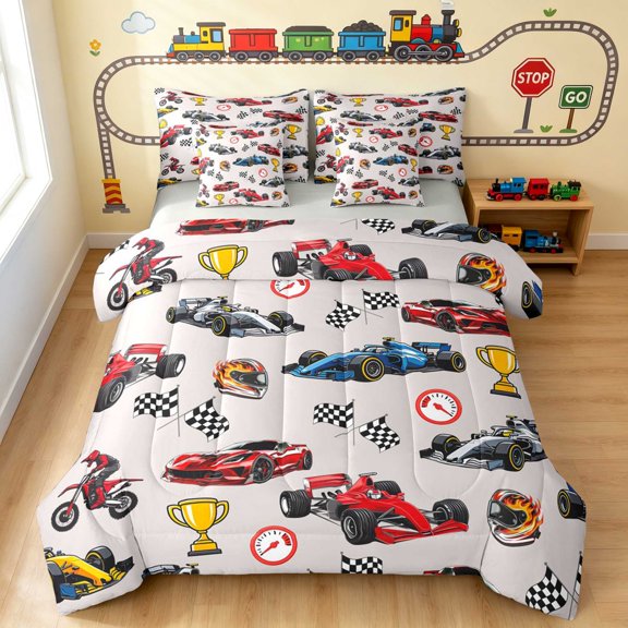 Erosebridal Race Car Queen Bedding, Trophy Bedding Comforter Set Queen, Dark Blue, Gray Reversible 7pcs
