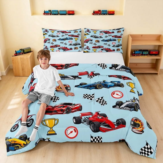 Erosebridal Race Car Queen Comforter Set, Trophy Comforter Sets Queen, Black Blue, Polka Dots Reversible 3pcs 1 Comforter and 2 Pillowcases