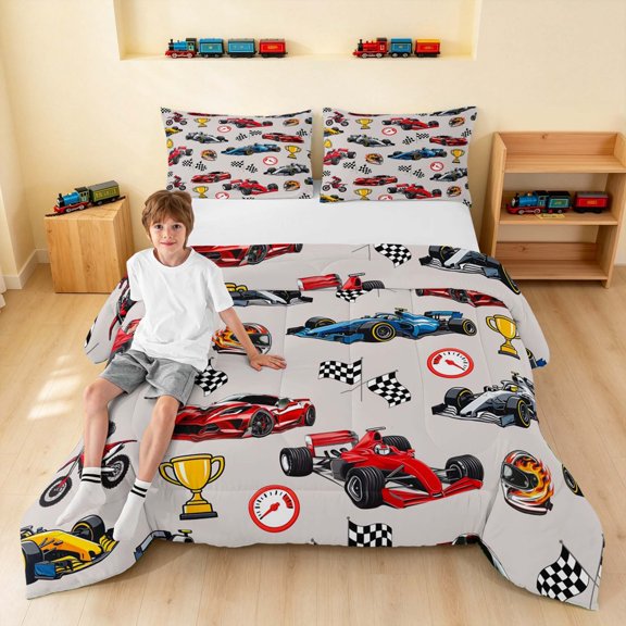 Erosebridal Race Car Queen Comforter Set, Trophy Comforter Sets Queen, Dark Blue, Gray Reversible 3 Pieces 1 Comforter and 2 Pillowcases