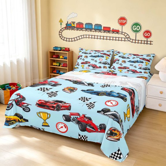 Erosebridal Race Car Queen Sheets, Trophy Queen Sheet Sets, Black Blue 4pcs (1 Flat Sheet, 1 Fitted Sheet and 2 Pillowcases)
