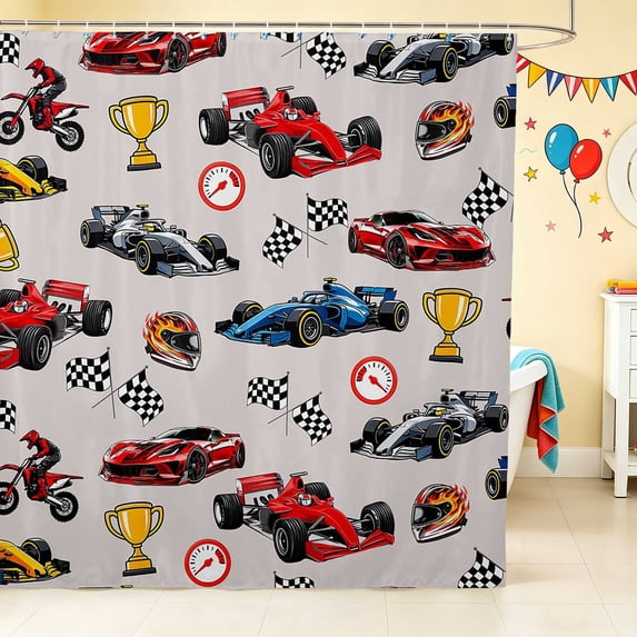 Erosebridal Race Car Shower Curtain 72Wx78L, Trophy Bath Curtain, Dark Blue