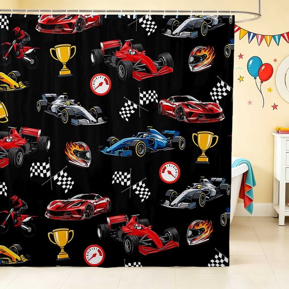 Erosebridal Race Car Shower Curtain 72Wx78L, Trophy Bath Curtain, Dark Red