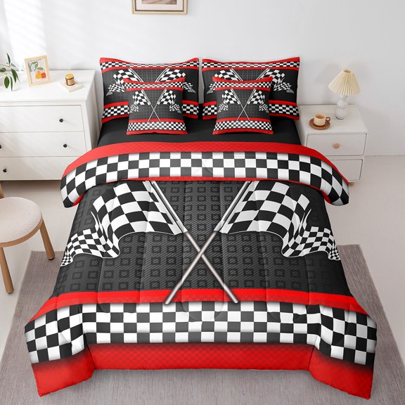Erosebridal Race Car Theme Reversible Comforter Set 7 Piece Twin Size,Black White Checkered Flag Print Bed Sheet Set Red Stripes Geometric Grid Plaid Bedding Set with Comforter,Fitted & Flat Sheet