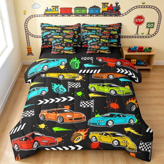 Erosebridal Race Car Twin Bedding, Colorful Bedding Comforter Set, Multi Color, Black Reversible 7 Pieces