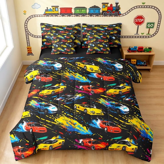 Erosebridal Race Car Twin Bedding, Colorful Bedding Comforter Set, Vibrant Black, Black Reversible 7pcs