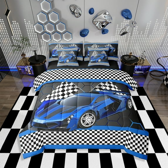 Erosebridal Race Car Twin Comforter Set with Sheets Black White Checkered Flag Print Bed in a Bag Extreme Sports Bedding Set 7 Piece Honeycomb Speed Sports Car Blue Bed Set