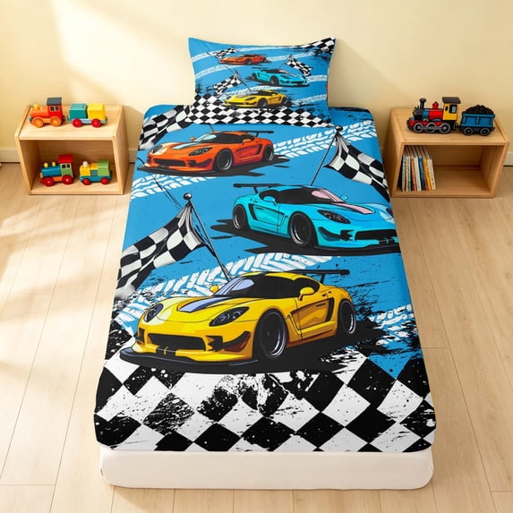 Erosebridal Race Car Twin Fitted Sheet, Checkered Flag Bedding, Blue Race Flags 2pcs 1 Fitted Sheet and 1 Pillowcase
