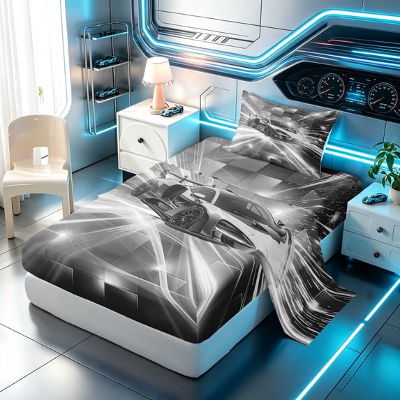 Erosebridal Race Car Twin Sheets, Speed Light Bedding, Black White 3pcs (1 Flat Sheet, 1 Fitted Sheet and 1 Pillowcase)