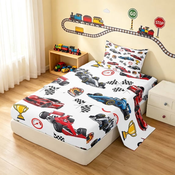 Erosebridal Race Car Twin Sheets, Trophy Bedding, Black Red 3pcs (1 Flat Sheet, 1 Fitted Sheet and 1 Pillowcase)