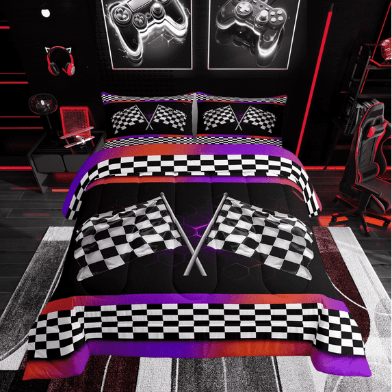 Erosebridal Race Checkered Bedding Twin Comforter Set, Sports Down Comforter, Neon Honeycomb Decor, Breathable 2pcs