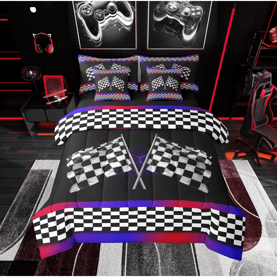Erosebridal Race Gamer Bedding Sets Queen Size, Racing Car Comforter Sets with Sheets, Geometry Stripes Decor, Reversible 7 Pieces