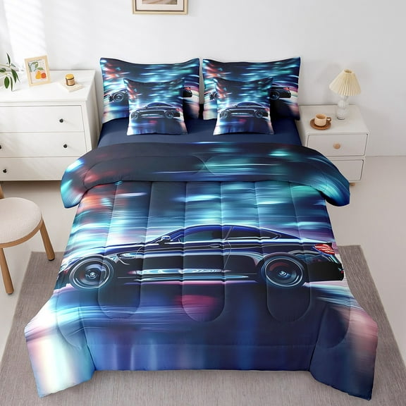 Erosebridal Racing Car Bed in a Bag Full size,Extreme Sports Bed Set,Sport Car Bedding Full Size,Ultra Soft Gradient Bedroom Decorative,Reversible,7-Piece
