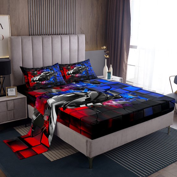 Erosebridal Racing Car Bed Sheets Set Queen Size,Geometric Buffalo Bedding Sets Queen Size,Blue Purple Bed Sheets Queen,Lightweight Car Room Decoration,4-Piece