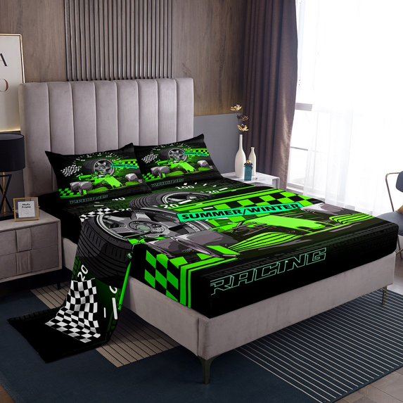Erosebridal Racing Car Bed Sheets Set Queen Size,Geometric Plaid Bedding Sets Queen Size,Black Green Bed Sheets Queen,Super Cozy Sport Bedroom Decorative,4-Piece