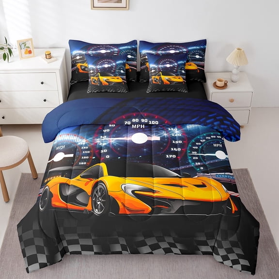 Erosebridal Racing Car Bedding Sets King Size,Geometric Buffalo Bed in a Bag King size,Black Orange Bedding King Size,Microfiber Extreme Sport Room Decoration,Reversible,7 Pieces