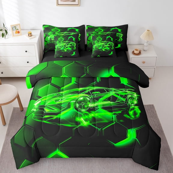Erosebridal Racing Car Bedding Sets King Size,Geometric Honeycomb Bed in a Bag King size,Black Green Bedding King Size,Super Cozy Sport Room Decoration,Reversible,7-Piece
