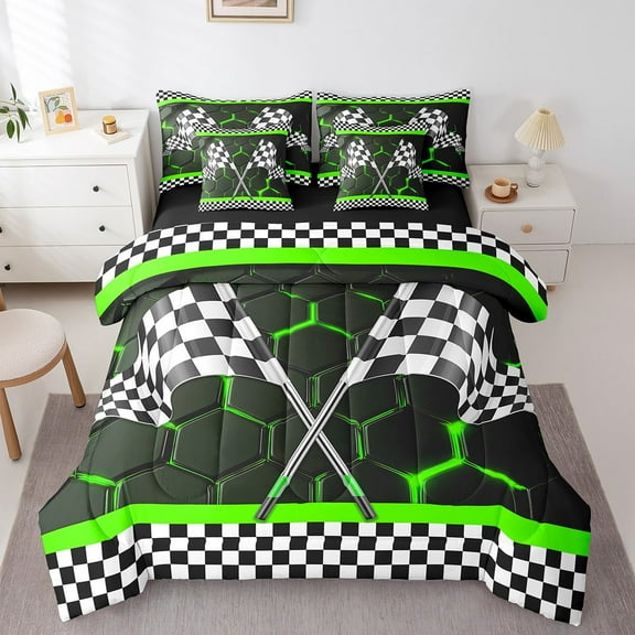 Erosebridal Racing Car Bedding Sets Twin Size, Checkered Flag Comforter Sets with Sheets, Honeycomb Geometric Decor, Reversible 7pcs