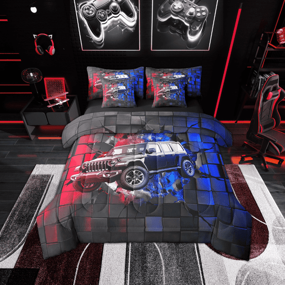 Erosebridal Racing Car Bedding Sets Twin Size,Geometric Buffalo Comforter Sets with Sheets,Blue Red Bed in a Bag Twin size,Lightweight Car Room Decoration,Reversible,7-Piece