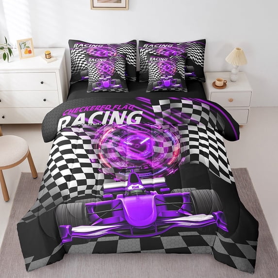 Erosebridal Racing Car Bedding Sets Twin Size,Geometric Plaid Comforter Sets with Sheets,Black Purple Bed in a Bag Twin size,Super Cozy Sport Bedroom Decorative,Reversible,7pcs