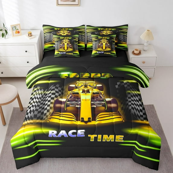 Erosebridal Racing Car Bedding Sets Twin Size,Geometric Plaid Comforter Sets with Sheets,Yellow Green Bed in a Bag Twin size,Super Cozy Sport Bedroom Decorative,Reversible,7pcs
