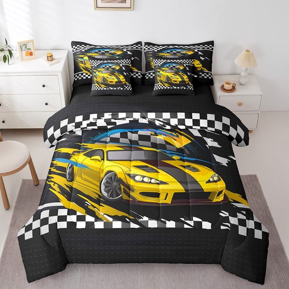 Erosebridal Racing Car Bedding Twin Size, Yellow Bed Set, Black White Checkered Reversible Bed in a Bag Twin size, Breathable Bedroom Decoration, 7 Pieces