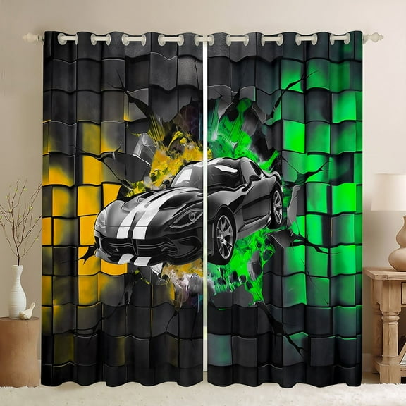 Erosebridal Racing Car Curtains and Drapes (38Wx54L),Geometric Buffalo 30%-50% Blackout Curtains for Bedroom,Golden Green Curtains Pack of 2 (38Wx54L),Car Room Decoration