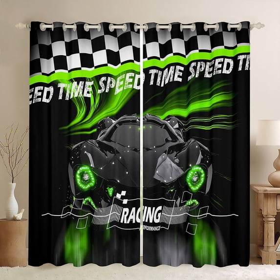 Erosebridal Racing Car Curtains and Drapes (38Wx54L),Geometric Plaid Blackout Curtains for Bedroom,Black Green Curtains Pack of 2 (38Wx54L),Sport Bedroom Decorative