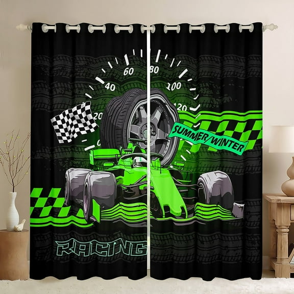 Erosebridal Racing Car Curtains and Drapes (38Wx54L),Geometric Plaid Blackout Curtains for Bedroom,Black Green Curtains Pack of 2 (38Wx54L),Sport Bedroom Decorative