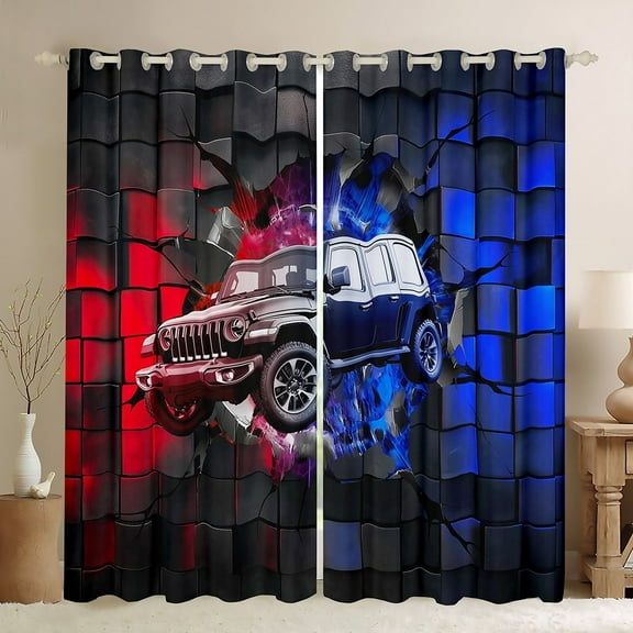 Erosebridal Racing Car Curtains for Living Room (38Wx45L),Geometric Buffalo 30%-50% Blackout Curtains Set of 2 (38x45),Blue Red Curtains and Drapes,Car Room Decoration