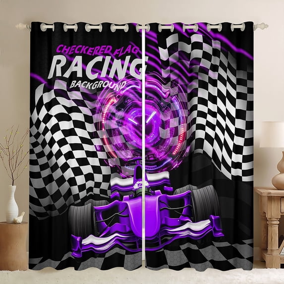 Erosebridal Racing Car Curtains for Living Room,Geometric Plaid Blackout Curtains Set of 2 (38x45),Black Purple Curtains and Drapes (38x45),Sport Bedroom Decorative