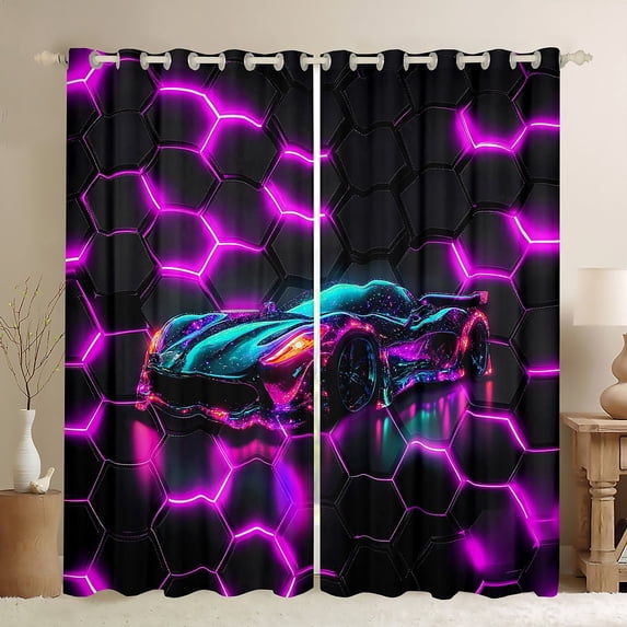 Erosebridal Racing Car Curtains Pack of 2 (42Wx63L),Geometric Honeycomb Black Out Curtains,Black Purple Curtains for Living Room,Sport Room Decoration