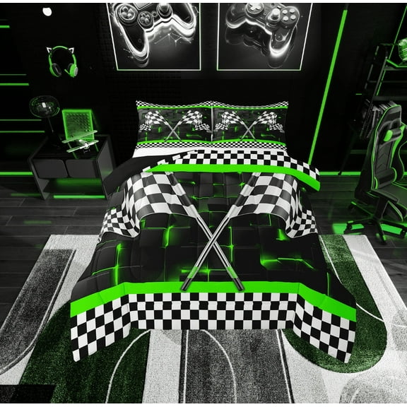 Erosebridal Racing Car Flag Bedding Twin Comforter Set, Green Down Comforter, 3D Rectangle Decor, Microfiber 2pcs