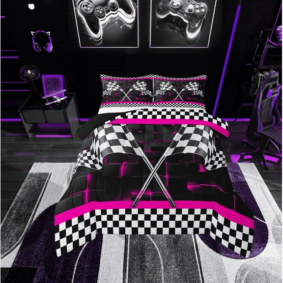 Erosebridal Racing Car Flag Bedding Twin Comforter Set, Hot Pink Down Comforter, 3D Rectangle Decor, Ultra Soft 2 Pieces