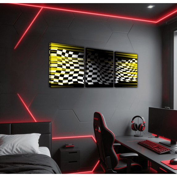 Erosebridal Racing Car Flag Canvas Wall Art Set of 3, Extreme Sports Competition Framed Wall Art for Living Room