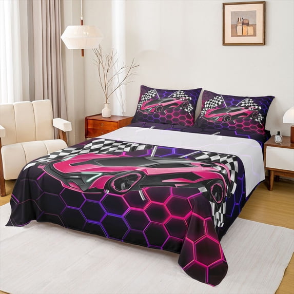 Erosebridal Racing Car Full Size Sheets for Kids Boys, Gradient Pink Honeycomb Bed Sheets, 1 Flat Sheet, 1 Fitted Sheet and 2 Pillowcases