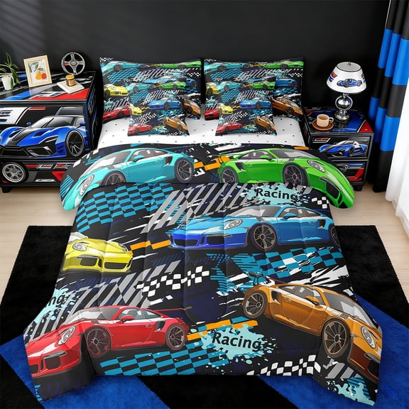 Erosebridal Racing Car Print Bedding Sets Twin Size,Extreme Sports Comforter Sets with Sheets,Blue Black Plaid Bed in a Bag Twin Size,Breathable Bedroom Decor,7-Piece