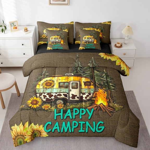 Erosebridal Vintage Rv Car Bedding Sets King Size,Floral Sunflower Bed in a Bag King size,Ultra Soft Reversible Bedding King Size,Happy Camping Decor,7 Pieces