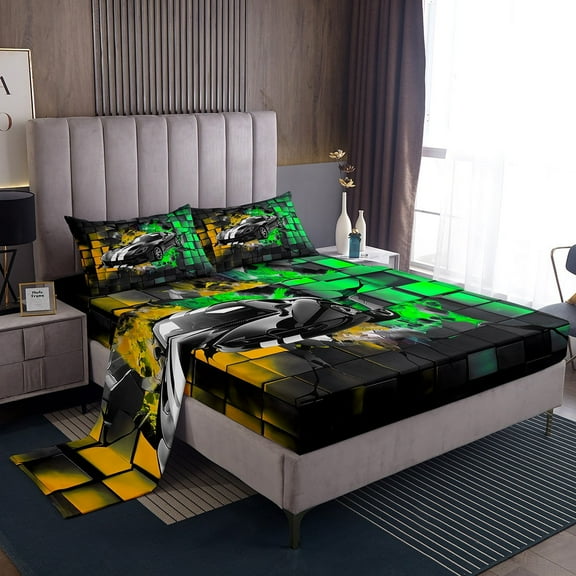 Erosebridal Racing Car Sheet Set Twin,Geometric Buffalo Bedding Sets Twin Size,Golden Green Twin Sheet Sets,Lightweight Car Room Decoration,3pcs