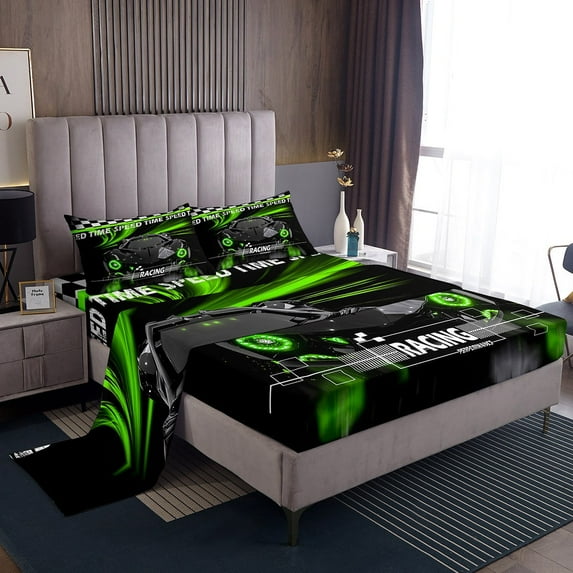 Erosebridal Racing Car Sheet Set Twin,Geometric Plaid Bedding Sets Twin Size,Black Green Twin Sheet Sets,Super Cozy Sport Bedroom Decorative,3pcs