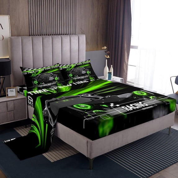Erosebridal Racing Car Sheet Set Twin,Geometric Plaid Bedding Sets Twin Size,Black Green Twin Sheet Sets,Super Cozy Sport Bedroom Decorative,3pcs