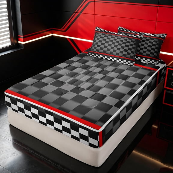 Erosebridal Racing Checkered Zipper Twin Comforter Sets with Fitted Sheet and 2 Pillowcases for Boys Men, Gradient Square Print Zipper Bedding Set, Black Reversible, 4pcs