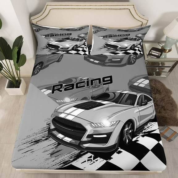 Erosebridal Racing Fitted Sheet Twin Size,Extreme Sports Race Car Bedding Set ,Race Sports Car Competition Cool Speed Bed Sheets,1 Fitted Sheet 1 Pillowcase - 2 Pieces(Grey)