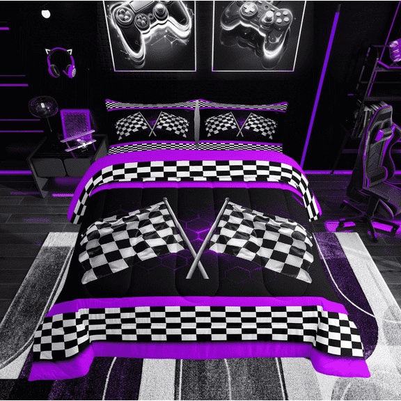 Erosebridal Racing Flag Bedding Twin Comforter Set, Checkered Down Comforter, Neon Geometry Decor, Reversible 2-Piece
