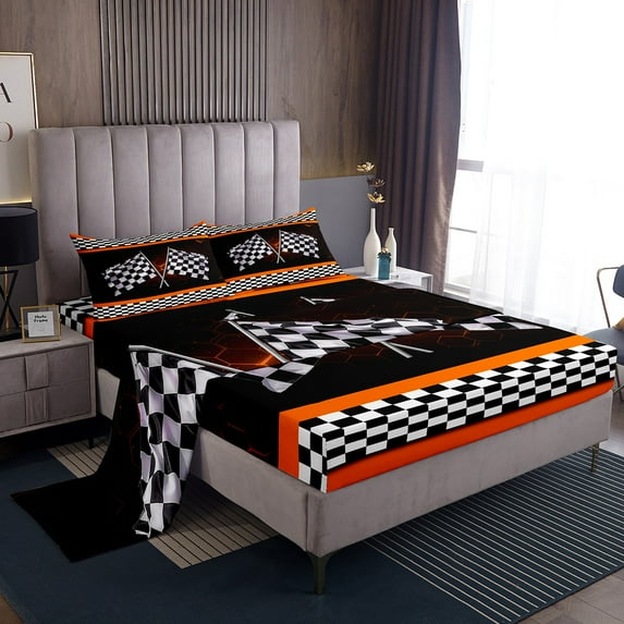 Erosebridal Racing Flag Sheet Set Full, Checkered Bedding Sets Full Size, Neon Geometry Decor 4-Piece