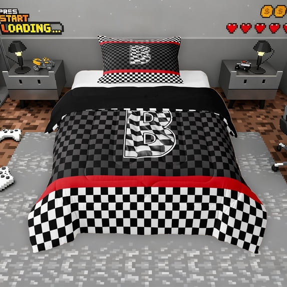 Erosebridal Racing Flag Twin Comforter Sets for Kids Boys, Monogrammed B Bedding Set, Black Reversible 2 Pieces, 1 Comforter and 1 Pillowcase