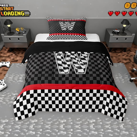 Erosebridal Racing Flag Twin Comforter Sets for Kids Boys, Monogrammed W Bedding Set, Black Reversible 2 Pieces, 1 Comforter and 1 Pillowcase