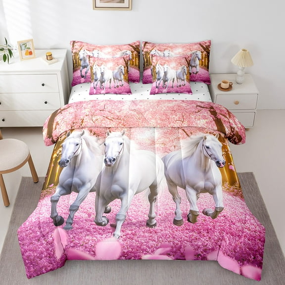 Erosebridal Racing Horse Bedding Sets Twin Size, Pink Flower Comforter Sets with Sheets, Kawaii Animal Bedding Twin Size, Ultra Soft Room Decorative, 7pcs