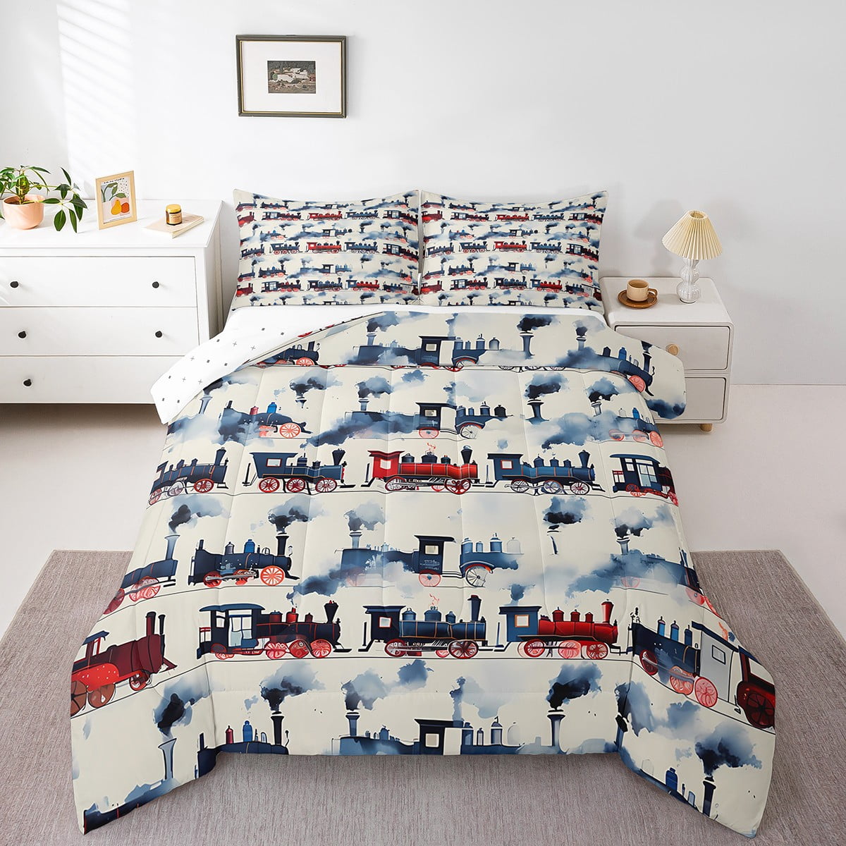 Train Comforter Set Twin Size Colorful Steam Engine Train Bedding Sets 1 Comforter 1 Flat Sheet 1 Fitted Sheet 2 Pillowcases 2 Throw Pillow Cove